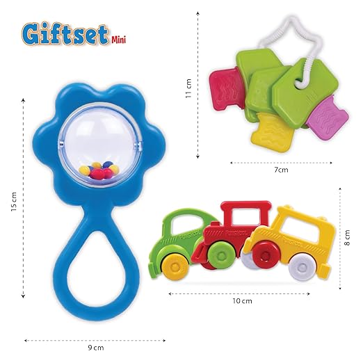 Gift Set Mini, Toy Set for Newborn Baby, Infants & Toddlers, Includes Rattle, Teether, Vehicle & Activity Toys With Development, Gift Set for Babies, Multicolor Age 5+ Months