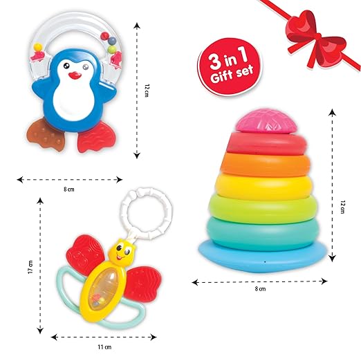 Plastic Giggles, Baby's Gift Set, Multicolour Baby Toy Gift Set for New Born, Stacking Rings,Teether,Rattle, 6 Months & Above,