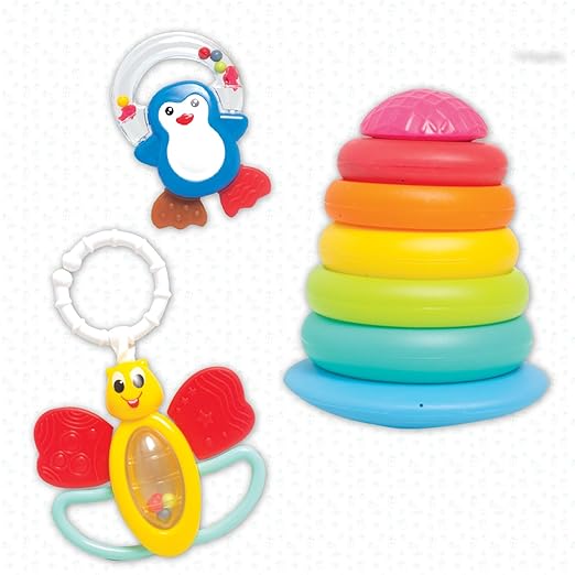 Plastic Giggles, Baby's Gift Set, Multicolour Baby Toy Gift Set for New Born, Stacking Rings,Teether,Rattle, 6 Months & Above,