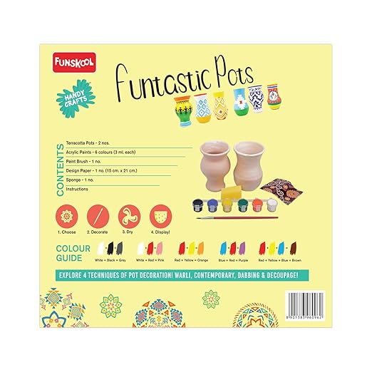 Handycrafts Funtastic Pots, Decorate Using Warli Art, Contemporary Art, Dabbing Technique & Decoupage, DIY Kit, Ages 6 Years and Above, Multicolour