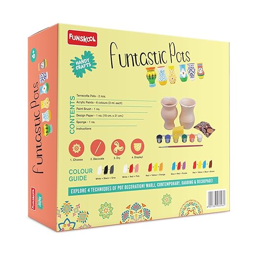 Handycrafts Funtastic Pots, Decorate Using Warli Art, Contemporary Art, Dabbing Technique & Decoupage, DIY Kit, Ages 6 Years and Above, Multicolour