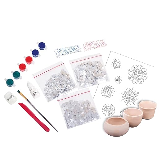 Handycrafts Lippan Art, Pot Decorating kit, Traditional Art, Mirror Work, Art and Craft Kit, Ages 6 Years and Above, Multicolour