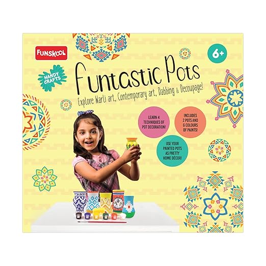 Handycrafts Funtastic Pots, Decorate Using Warli Art, Contemporary Art, Dabbing Technique & Decoupage, DIY Kit, Ages 6 Years and Above, Multicolour