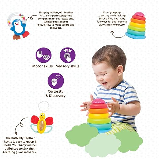 Plastic Giggles, Baby's Gift Set, Multicolour Baby Toy Gift Set for New Born, Stacking Rings,Teether,Rattle, 6 Months & Above,