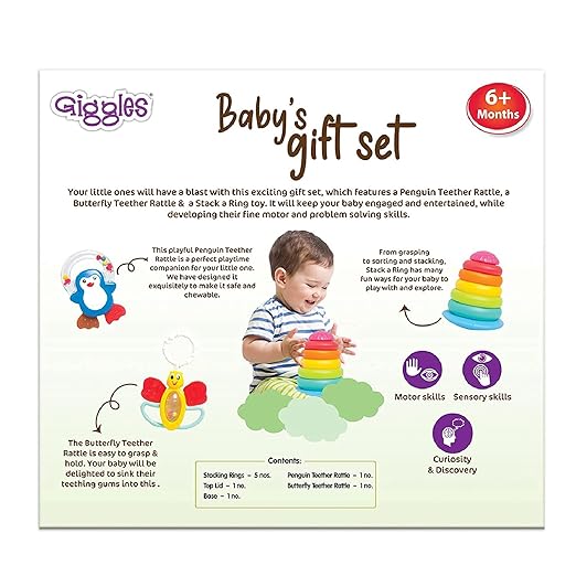 Plastic Giggles, Baby's Gift Set, Multicolour Baby Toy Gift Set for New Born, Stacking Rings,Teether,Rattle, 6 Months & Above,