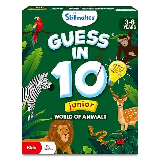 Guess in 10 Junior World of Animals, Gifts for Kids, Boys, Girls Who Love Board Games, Card Games, Educational Toys, Travel Game for Ages 3, 4, 5, 6
