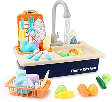 Play Kitchen Sink Toy Electronic Dishwasher, Pretend Role Play Kitchen Toys Set with Working Faucet and Dishes Playset for Girls - 20pcs (Multicolor)