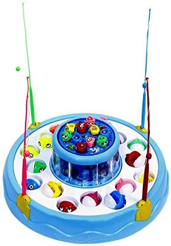 Electric rotating magnetic go go fishing game with 26 pieces of fish, 2 rotary pond and 4 pods with music and lights function- Multi color