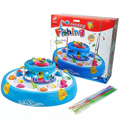 Electric rotating magnetic go go fishing game with 26 pieces of fish, 2 rotary pond and 4 pods with music and lights function- Multi color