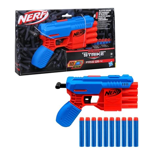 Nerf Alpha Strike Fang Qs-4 Toy Blaster, Fire 4 Darts in A Row, 10 Nerf Darts, Gift Toys for Kids Teens&Adults, Toy for Boys, Birthday Gift Toy Ages 8+