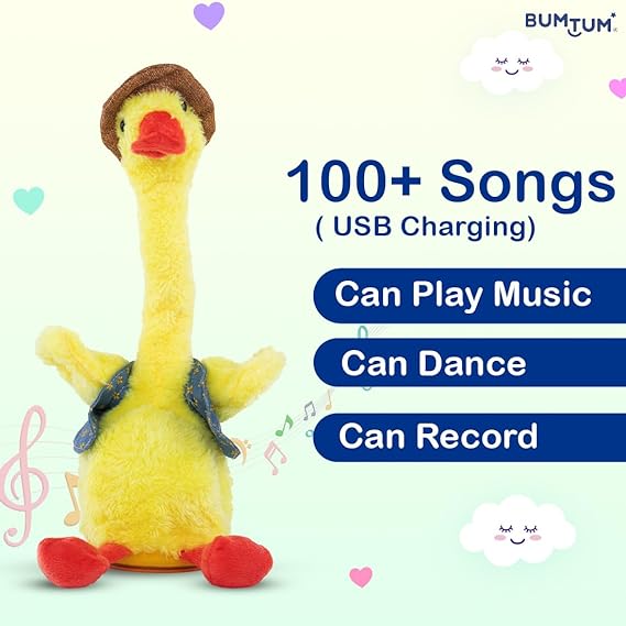 Dancing & Talking Duck Theme Character Toy, Wriggle & Singing for Babies & Kids, Plush Musical Electronic Toys, Voice Recording Repeats (Yellow) - 1 Count