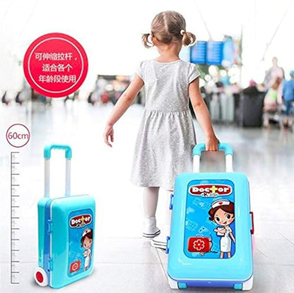 Little Doctor Playset Case Workbench Doctor Nurse Medical Box with Suitcase Trolley Blue