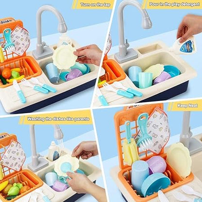 Play Kitchen Sink Toy Electronic Dishwasher, Pretend Role Play Kitchen Toys Set with Working Faucet and Dishes Playset for Girls - 20pcs (Multicolor)