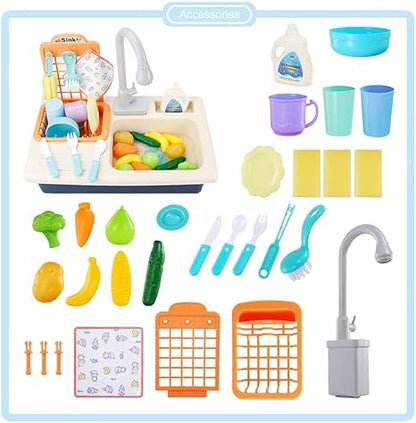 Play Kitchen Sink Toy Electronic Dishwasher, Pretend Role Play Kitchen Toys Set with Working Faucet and Dishes Playset for Girls - 20pcs (Multicolor)