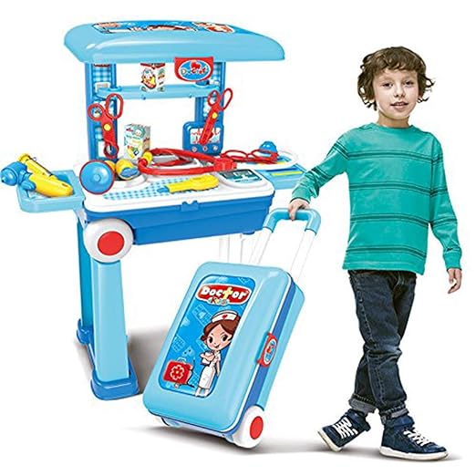 Little Doctor Playset Case Workbench Doctor Nurse Medical Box with Suitcase Trolley Blue