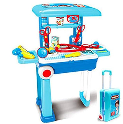 Little Doctor Playset Case Workbench Doctor Nurse Medical Box with Suitcase Trolley Blue