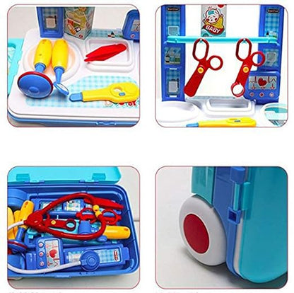 Little Doctor Playset Case Workbench Doctor Nurse Medical Box with Suitcase Trolley Blue