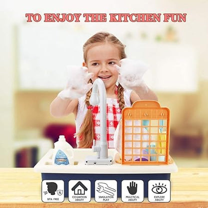 Play Kitchen Sink Toy Electronic Dishwasher, Pretend Role Play Kitchen Toys Set with Working Faucet and Dishes Playset for Girls - 20pcs (Multicolor)