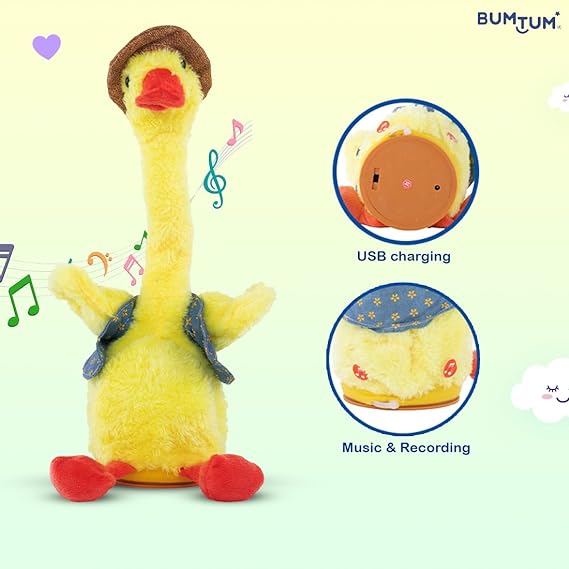 Dancing & Talking Duck Theme Character Toy, Wriggle & Singing for Babies & Kids, Plush Musical Electronic Toys, Voice Recording Repeats (Yellow) - 1 Count