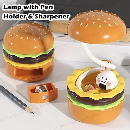 Table Lamp - Burger Design Desk Light for Kids & Adults, Rechargeable Desk Lamp with Pen Holder & Sharpener, Study Desk Light for Study Room/Home/Office