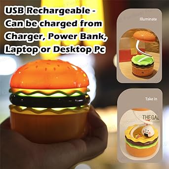 Table Lamp - Burger Design Desk Light for Kids & Adults, Rechargeable Desk Lamp with Pen Holder & Sharpener, Study Desk Light for Study Room/Home/Office