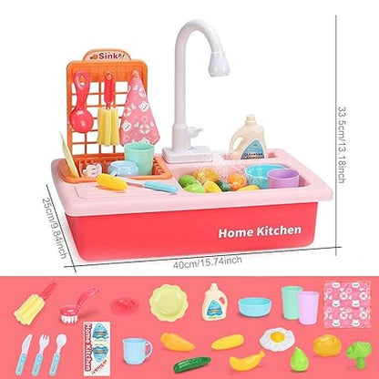 Play Kitchen Sink Toy Electronic Dishwasher, Pretend Role Play Kitchen Toys Set with Working Faucet and Dishes Playset for Girls - 20pcs (Multicolor)