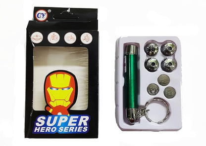 Laser Pointer Torch with 3D Super Hero LED Lens Lights and Keychain | Action Hero Series 5 Inter Changeable caps(Multicolour)