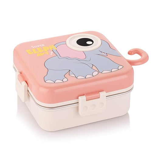 Super Elephant Lunch Box 2 Layer Stainless Steel Lunch Box Comes with 1 Detachable Tray, 1 Small Container & 1 Spoon Ideal for Kids BPA Free 1120ml+70ml- Peach