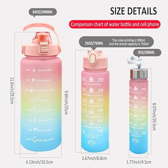 3 Piece set 2000ml 700ml 280ml Water Bottles Set Sports, BPA Free, Leak-proof Inspirational Water Bottle Cups with Drinking Time Straw, Fitness Bottle for Family, Office, Gym Outdoor Travel