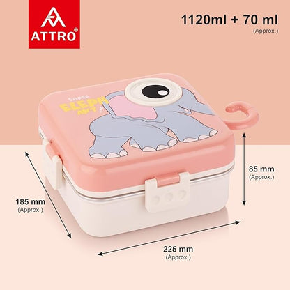 Super Elephant Lunch Box 2 Layer Stainless Steel Lunch Box Comes with 1 Detachable Tray, 1 Small Container & 1 Spoon Ideal for Kids BPA Free 1120ml+70ml- Peach