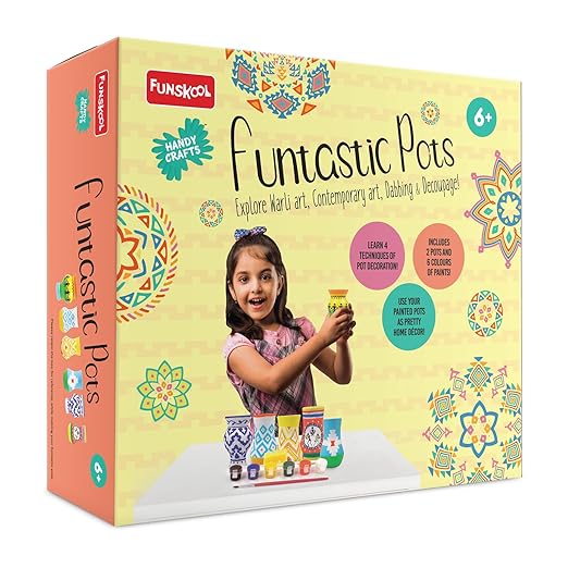 Handycrafts Funtastic Pots, Decorate Using Warli Art, Contemporary Art, Dabbing Technique & Decoupage, DIY Kit, Ages 6 Years and Above, Multicolour