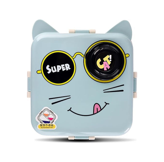 Super Cat Theme Stainless Steel Bento Lunch Box for School, 3-Compartment with Sauce Jar & a Spoon, Leak-Proof Seal-Ring Design & Multiple Lock-Design Tiffin, Air-Tight- 1100ML Blue