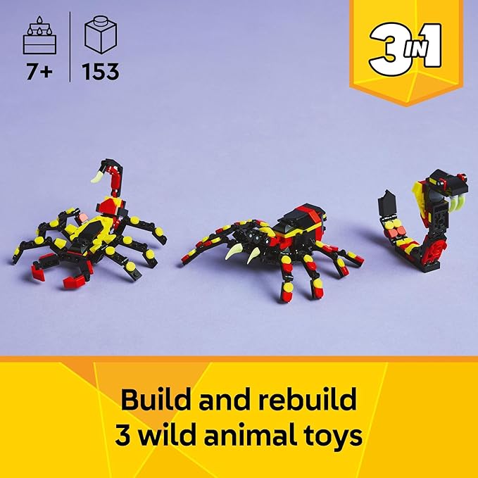 LEGO Creator 3 in 1 Wild Animals Surprising Spider Toy - Building Toy with 3 Build Options, Spider, Scorpion, or Snake - Animal Figures for Kids, Boys & Girls, Ages 7+