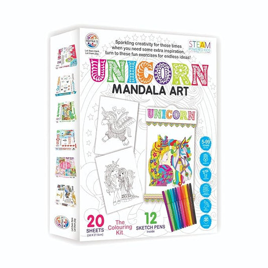 Mandala Art Unicorn Colouring Kit - 20 Sheets with 12 Sketch Pens Inside - Creative Coloring Fun for All Ages