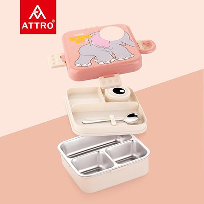 Super Elephant Lunch Box 2 Layer Stainless Steel Lunch Box Comes with 1 Detachable Tray, 1 Small Container & 1 Spoon Ideal for Kids BPA Free 1120ml+70ml- Peach