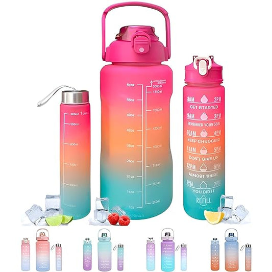 3 Piece set 2000ml 700ml 280ml Water Bottles Set Sports, BPA Free, Leak-proof Inspirational Water Bottle Cups with Drinking Time Straw, Fitness Bottle for Family, Office, Gym Outdoor Travel