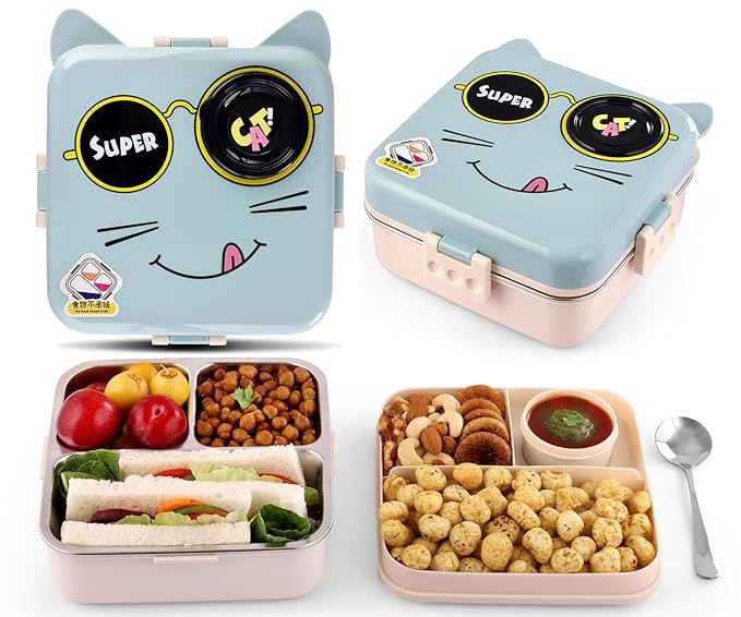 Super Cat Theme Stainless Steel Bento Lunch Box for School, 3-Compartment with Sauce Jar & a Spoon, Leak-Proof Seal-Ring Design & Multiple Lock-Design Tiffin, Air-Tight- 1100ML Blue