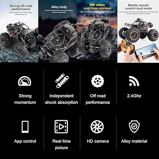 RC Car Remote Control Car with 720P HD FPV WiFi Camera, 1/18 Scale Off-Road High Speed Monster Trucks for Kids Adults Gift for Boys and Girls