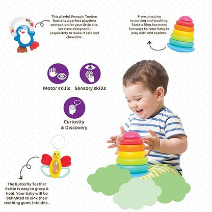 Plastic Giggles, Baby's Gift Set, Multicolour Baby Toy Gift Set for New Born, Stacking Rings,Teether,Rattle, 6 Months & Above,