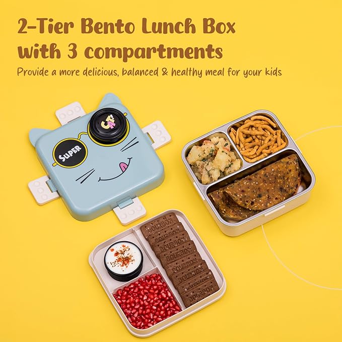 Super Cat Theme Stainless Steel Bento Lunch Box for School, 3-Compartment with Sauce Jar & a Spoon, Leak-Proof Seal-Ring Design & Multiple Lock-Design Tiffin, Air-Tight- 1100ML Blue