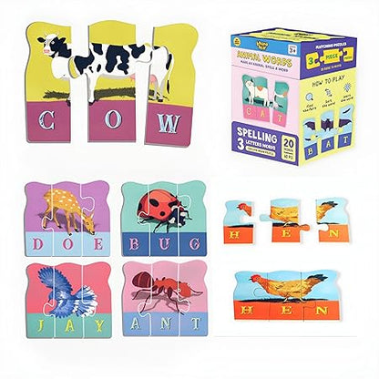 Animal Words Puzzle - Animal Words Kids Puzzle Entertaining Challenges,Brain Tease 3 Piece Puzzle 20 Matching Pictures Pairs