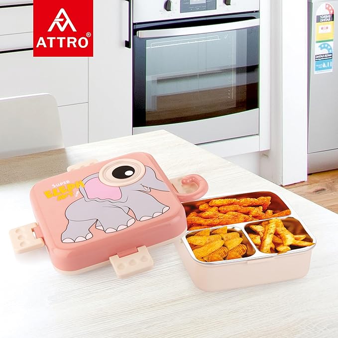 Super Elephant Lunch Box 2 Layer Stainless Steel Lunch Box Comes with 1 Detachable Tray, 1 Small Container & 1 Spoon Ideal for Kids BPA Free 1120ml+70ml- Peach