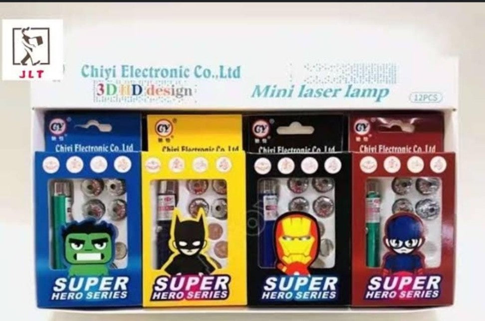 Laser Pointer Torch with 3D Super Hero LED Lens Lights and Keychain | Action Hero Series 5 Inter Changeable caps(Multicolour)