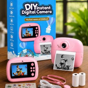 Kids Instant Print Camera – Portable Digital HD Photo & Video Camera for Kids, Built-in Games, Educational Learning Toy for Boys & Girls, Includes 2 Print Rolls, for Birthdays